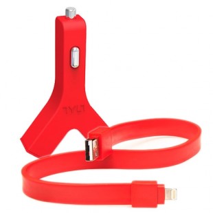Автомобильное зарядное устройство (автозарядка) Tylt Y-charge 2 USB 4.2 А с ленточным кабелем Tylt Syncable Lightning-USB красное оптом