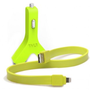Автомобильное зарядное устройство (автозарядка) Tylt Y-charge 2 USB 4.2 А с ленточным кабелем Tylt Syncable Lightning-USB зелёное оптом