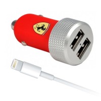 Автозарядка Ferrari Scuderia Dual USB 2.1A + кабель Ligtning красная