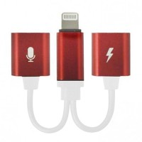 Разветвитель Double Lightning Audio / Charge для iPhone красный (с белым проводом)