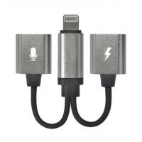Разветвитель Double Lightning Audio / Charge для iPhone серебро (с черным проводом)